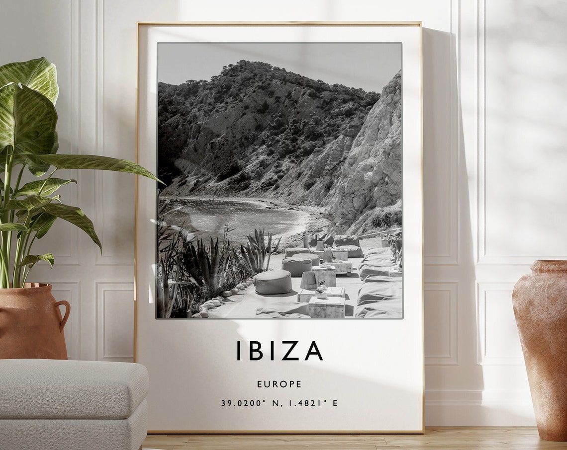 Ibiza Black and White Cove Photo Coast Coordinates Travel Poster