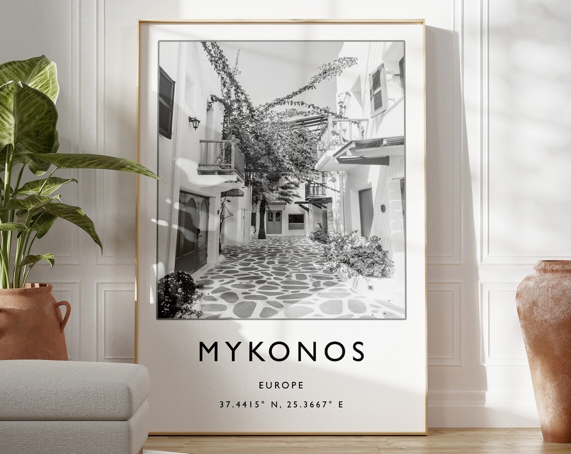 Mykonos Europe Whitewashed Alley Black White Photo Travel Poster