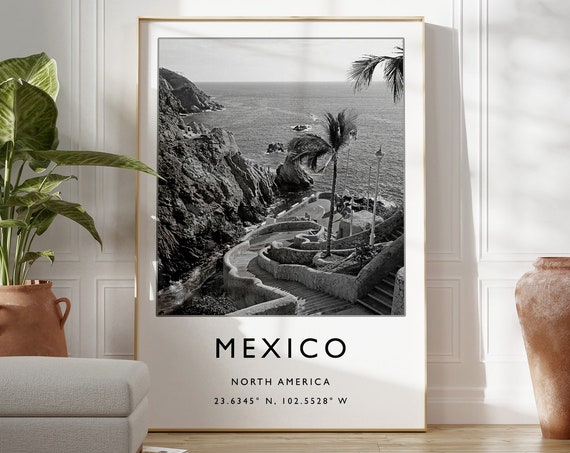 Mexico Travel Poster Black And White Coastal Art Print