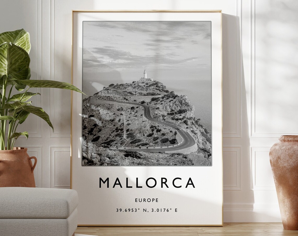 Mallorca Europe Lighthouse Cliff Winding Road Black White Photo Poster