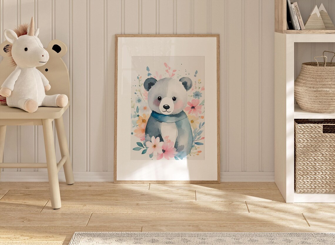 Baby Bear Cub Watercolor Portrait With Blue Scarf And Flowers Poster - Image 2