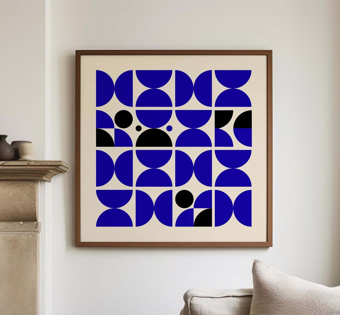 Royal Blue Bauhaus Geometric Semicircle Grid Square Art Poster