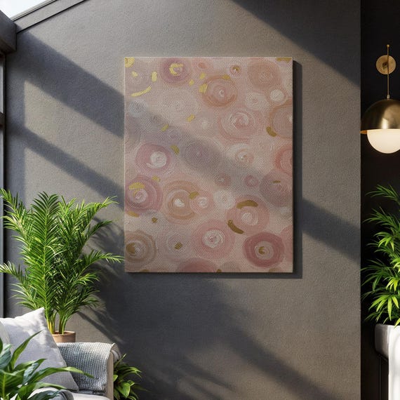 Pink Abstract Canvas Wall Art Soft Blush And Gold Swirl Painting Modern Textured Artwork For Feminine Home Or Gift Unique