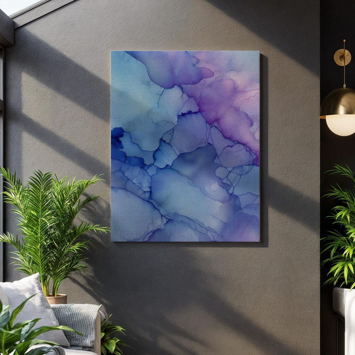 Blue Purple Abstract Ink Fluid Alcohol Texture Calming Canvas Wall Art