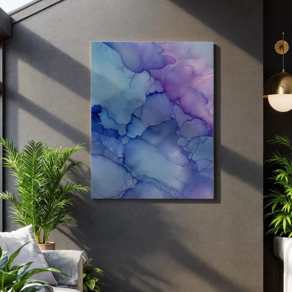 Blue Purple Abstract Ink Art Print Fluid Alcohol Wall Decor Modern Watercolor Texture Painting Calming Canvas For Serene Interiors