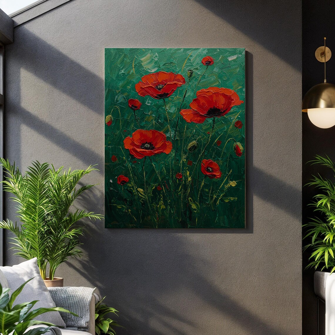 Red Poppy Field Vibrant Floral Oil Painting Textured Botanical Poster