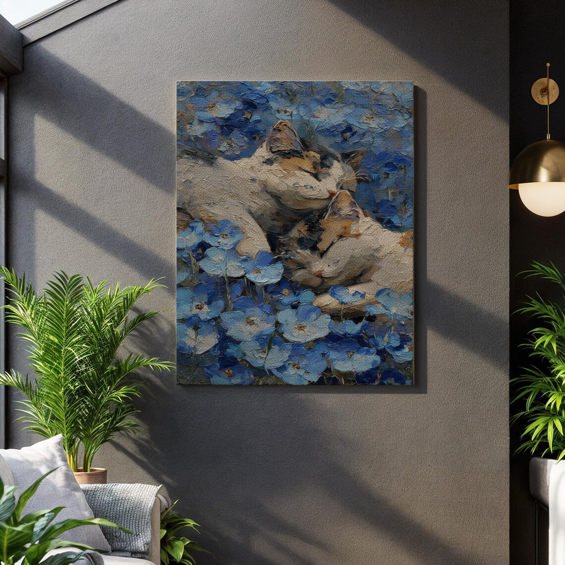 Sleeping Cats Among Blue Flower Field Cozy Oil Painting Poster