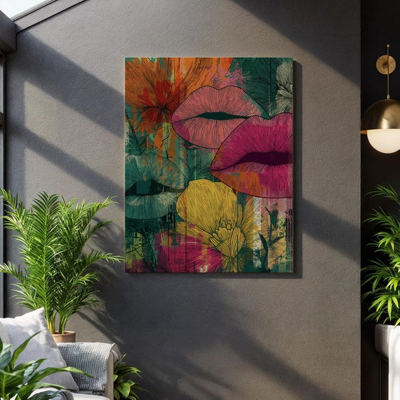 Pop Art Lips And Floral Canvas Wall Colorful Feminine Illustration Print Bold Graphic Framed Artwork Gift For Fashion Lovers