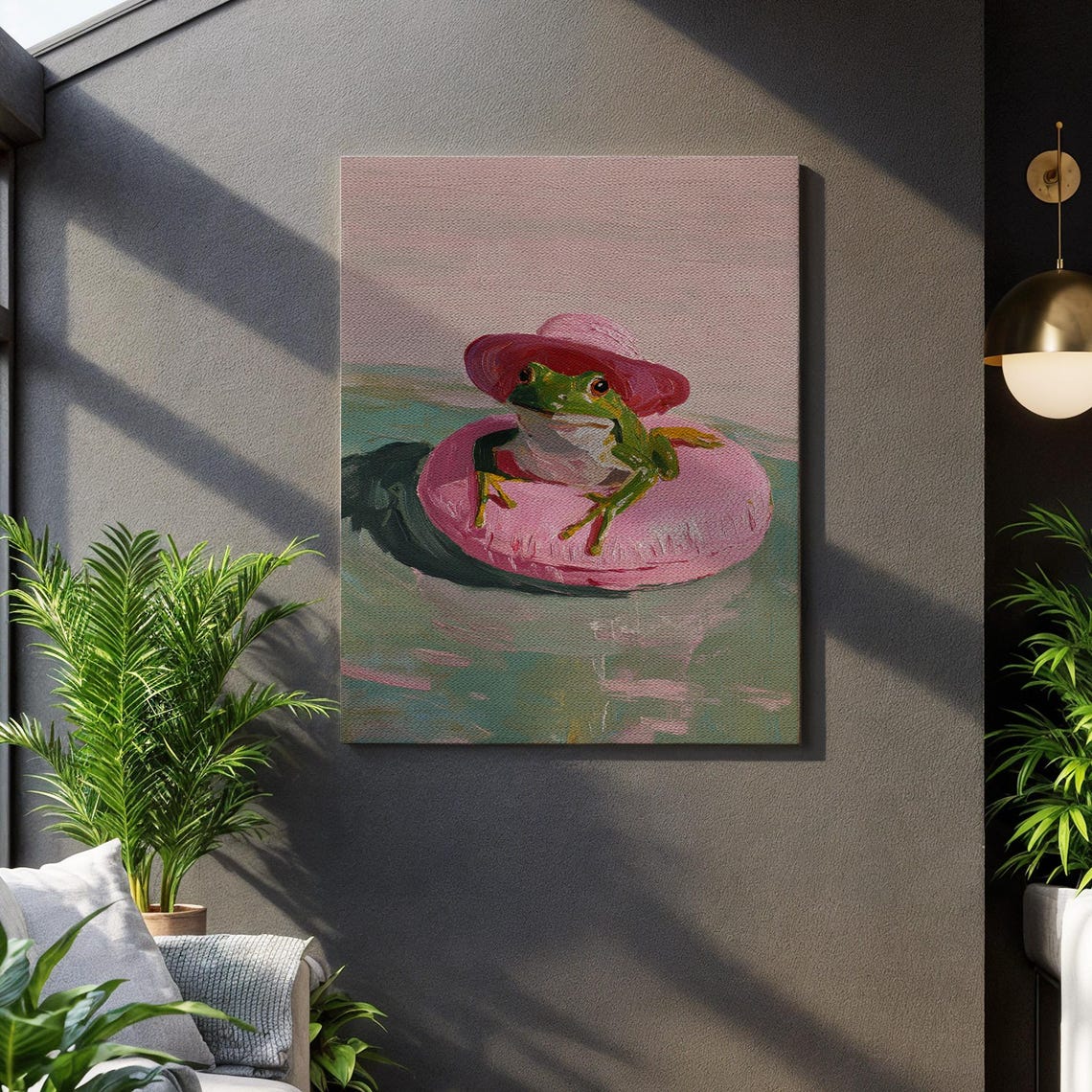 Cute Frog in Pink Sun Hat Floating on Summer Pool Float Poster