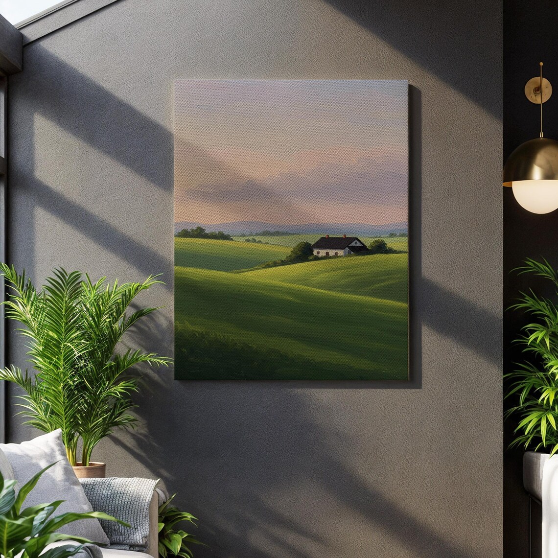 Green Rolling Hills Farmhouse Serene Countryside Sunset Poster