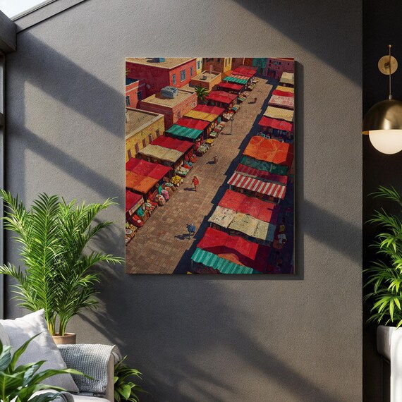 Moroccan Market Scene Vibrant City Street Framed Bazaar Display Cultural Souk Showcase Travel Home Decor Colorful Cityscape View