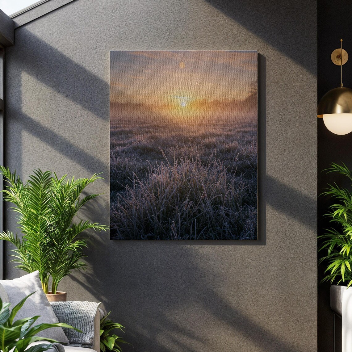 Frosty Field Sunrise Golden Morning Mist Tranquil Landscape Poster