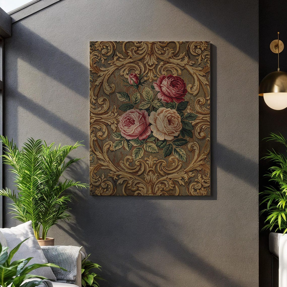 Baroque Gold Scrollwork Vintage Rose Bouquet Tapestry Wall Art