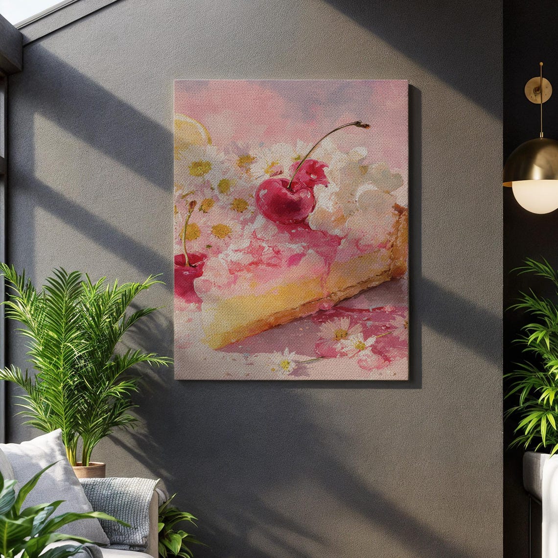 Pink Cherry Cake Slice Watercolor Dessert Still Life Kitchen Wall Art