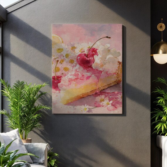 Pink Cherry Cake Slice Watercolor Dessert Still Life Kitchen Wall Art