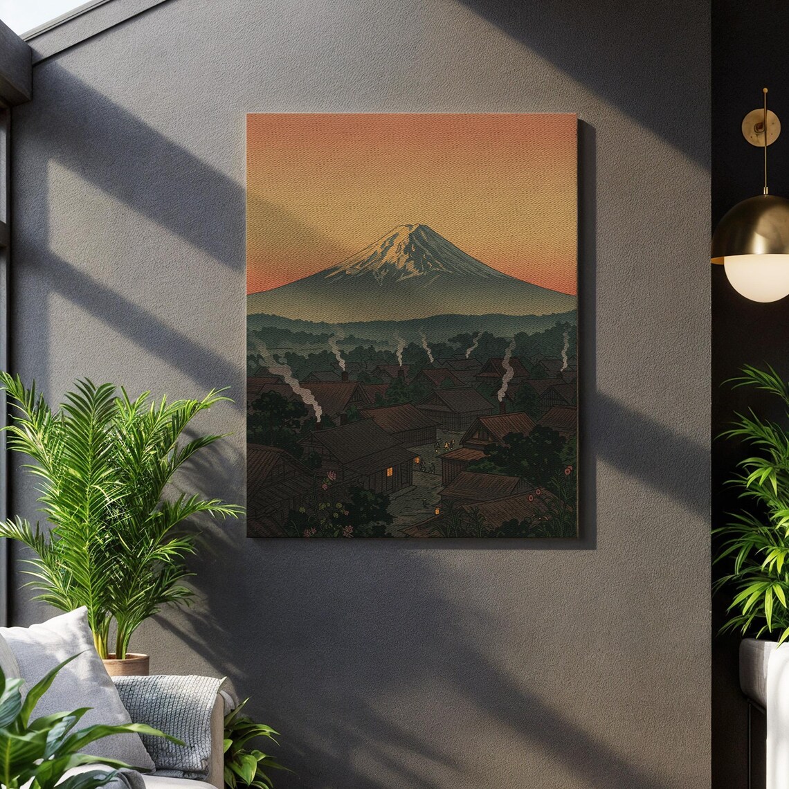 Mount Fuji Village at Sunset Traditional Japanese Landscape Poster