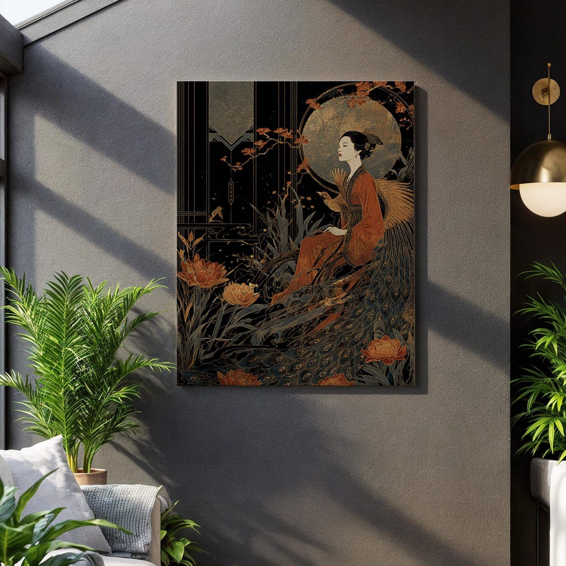 Art Nouveau Japanese Geisha In Red Kimono With Peacock And Moon Poster