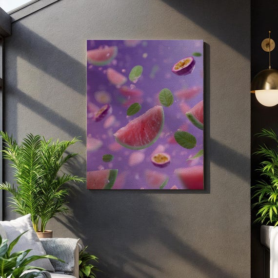 Watermelon Passion Fruit Wall Art Vibrant Print On Purple Backgroundtropical Kitchen Canvasjuicy Summer Decor For Playful Interiors