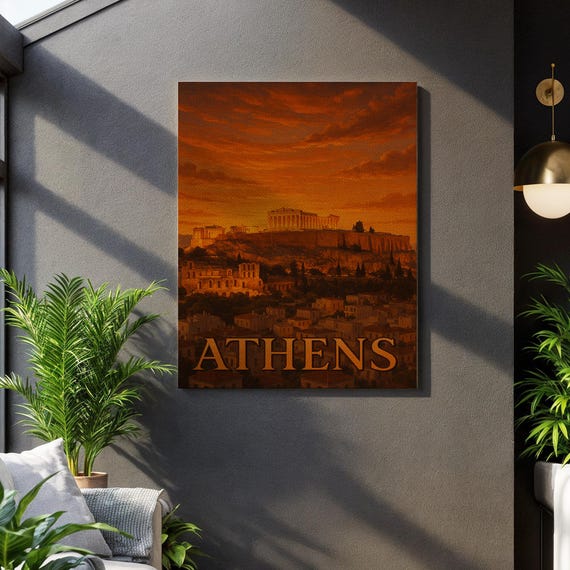 Athens Greece Canvas Wall Art Acropolis Sunset Cityscape Print Warm Toned Historic Landmark Poster Framed Classical European Decor
