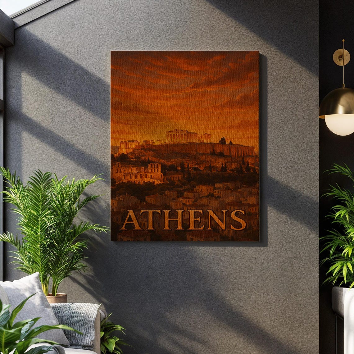 Athens Greece Canvas Wall Art Acropolis Sunset Cityscape Print Warm Toned Historic Landmark Poster Framed Classical European Decor