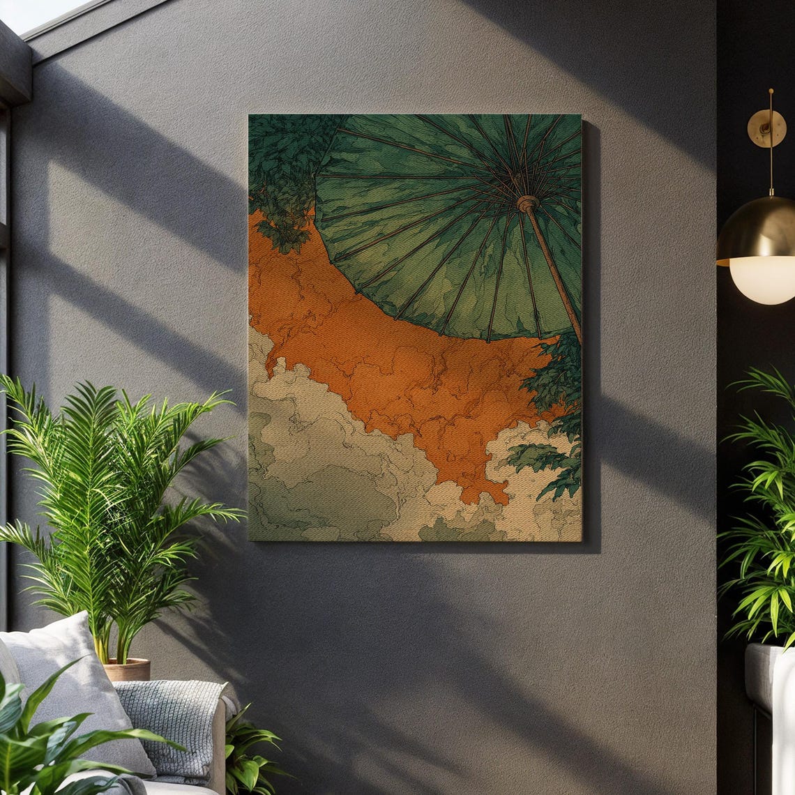 Green Japanese Paper Umbrella Autumn Sky Ukiyo E Style Poster