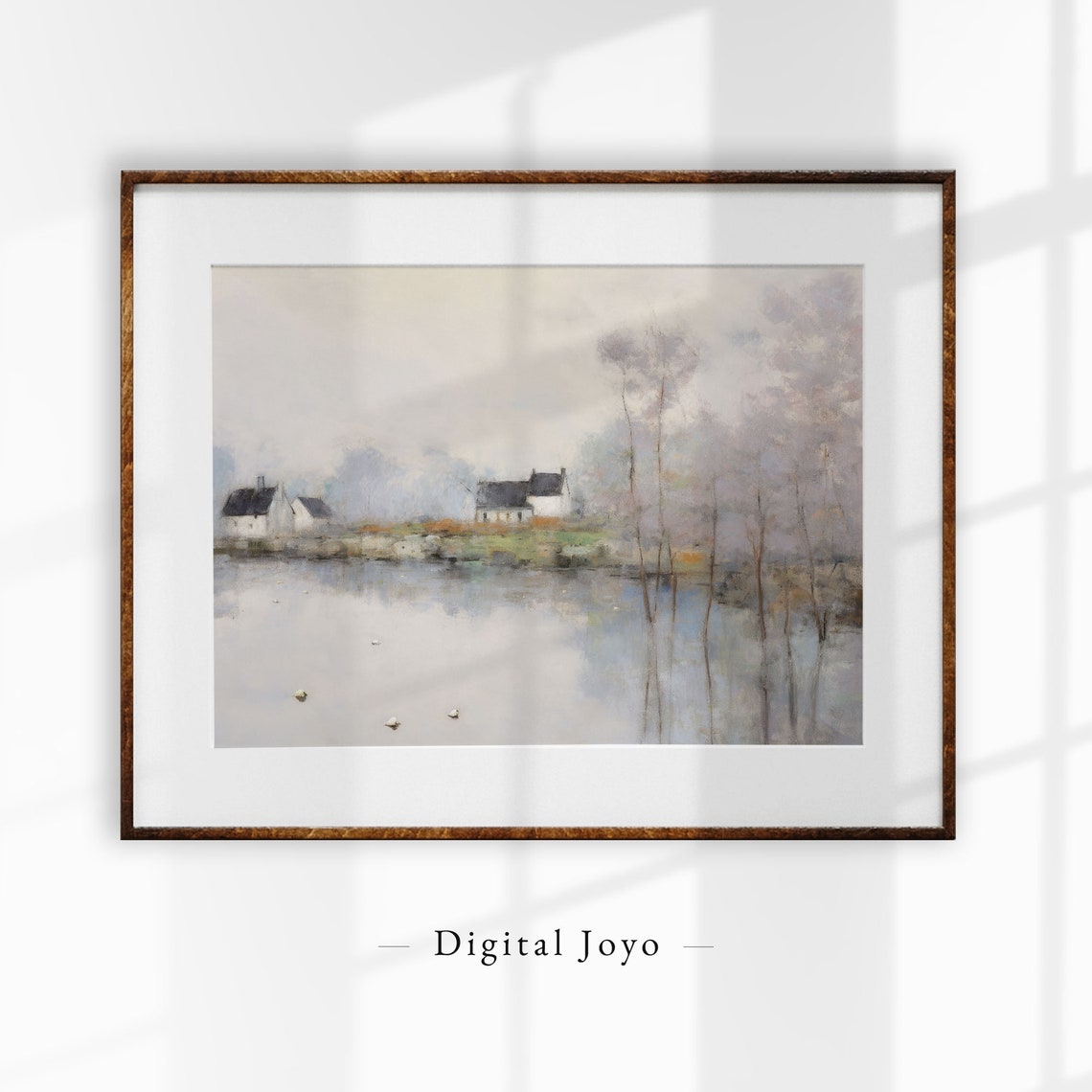 Soft Misty Lake Houses Reflected Trees Dreamy Water Landscape Wall Art
