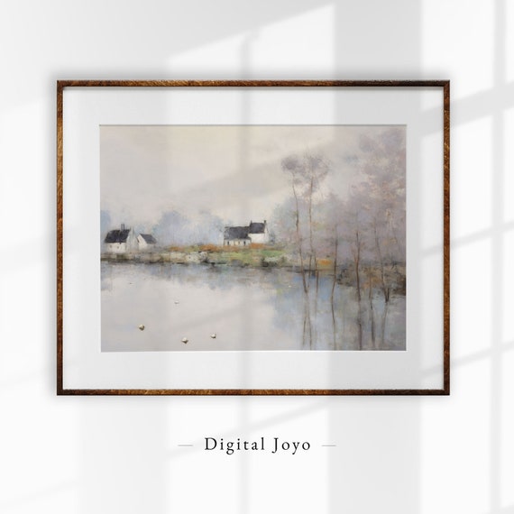 Antique Lake Print Vintage Farmhouse Landscape