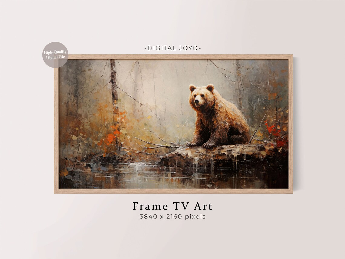 Bear In Forest Painting Abstract Fall Art For Samsung Frame Tv