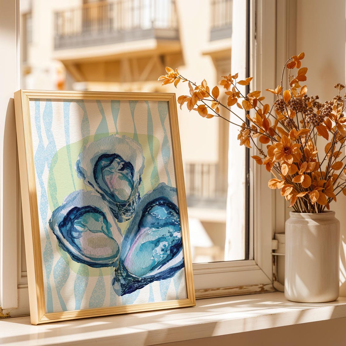 Blue Oyster Shells Coastal Art Print