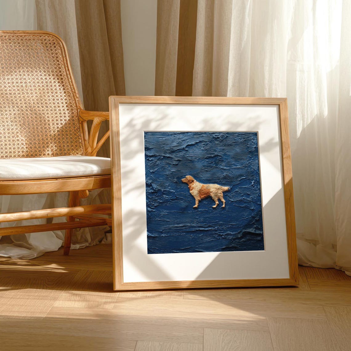 Golden Retriever Dog on Blue Textured Impasto Painting Art Print
