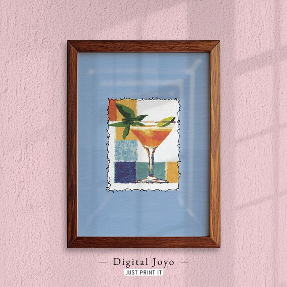 Cocktail Martini Glass Art Print Geometric Bar Patchwork Decor