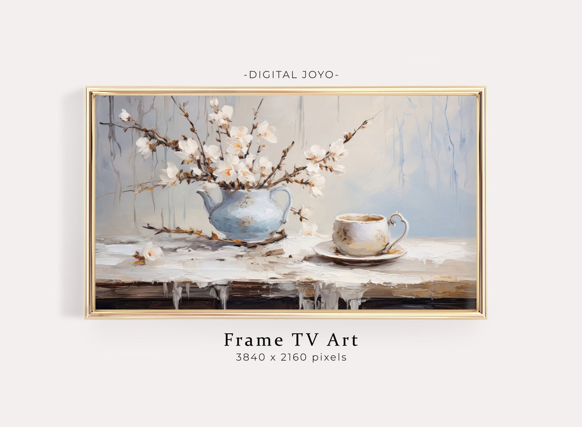 Winter Coffee Blossom Still Life Blue Vase Painting Wall Art