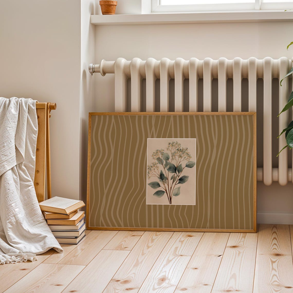 Vintage Botanical Green Leaf Olive Striped Minimalist Wall Art