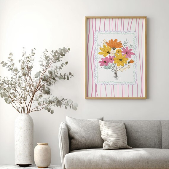 Colorful Floral Doodle Cosmos Bouquet Whimsical Bright Art Poster