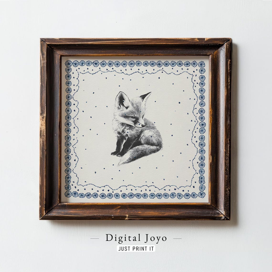 Fox Kit Curled Sleep Sketch Navy Floral Border Nursery Art Print