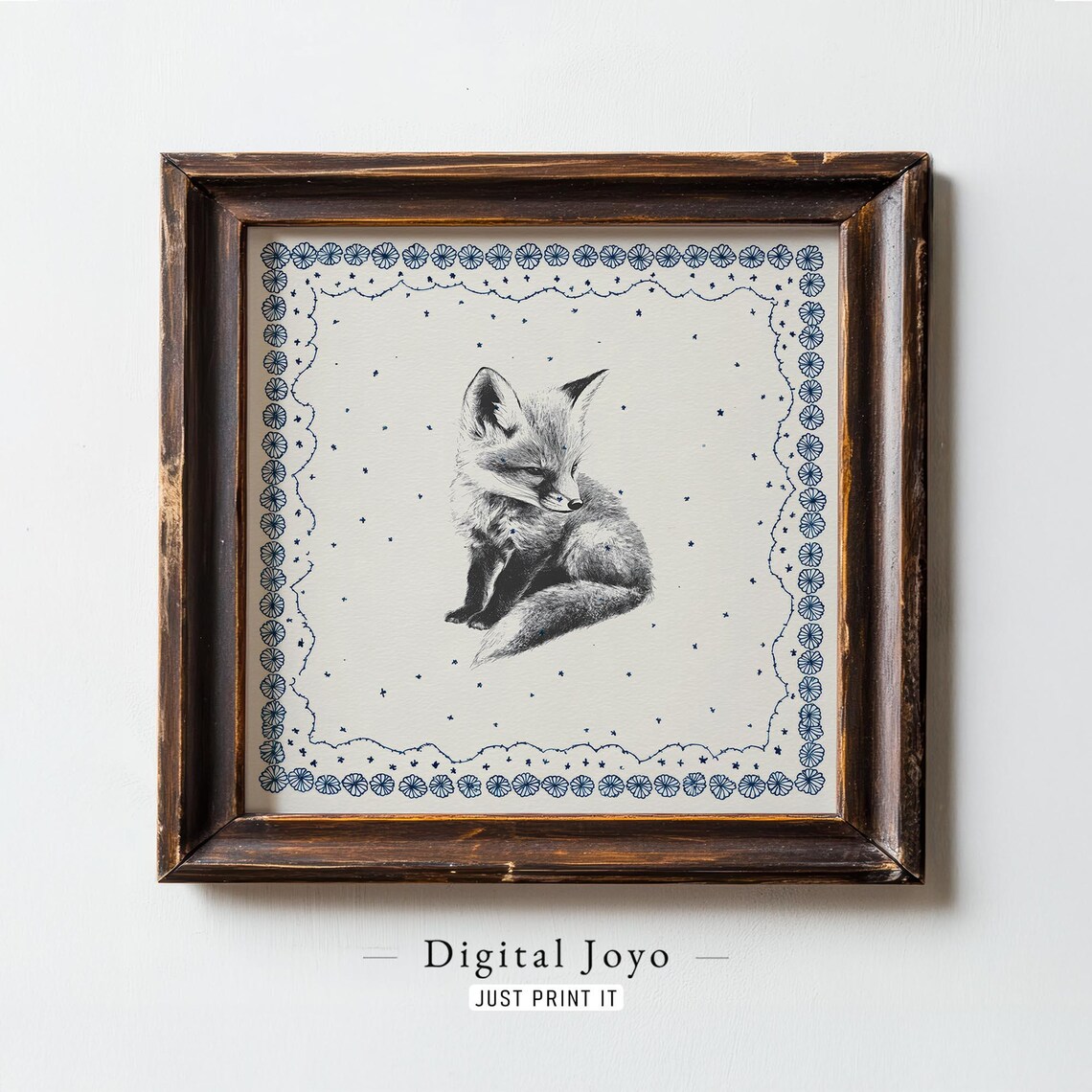 Fox Kit Sketch With Navy Floral Border