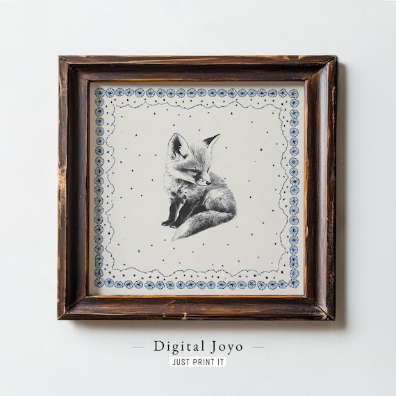 Fox Kit Sketch With Navy Floral Border
