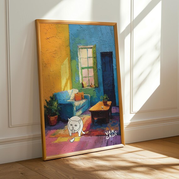 Funny White Cat Middle Finger Van Gags Style Colorful Gift Poster