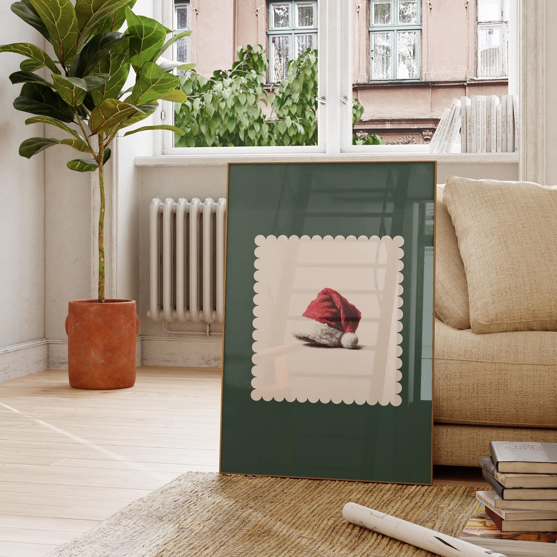 Forest Green Santa Hat Minimalist Christmas Holiday Decor Print