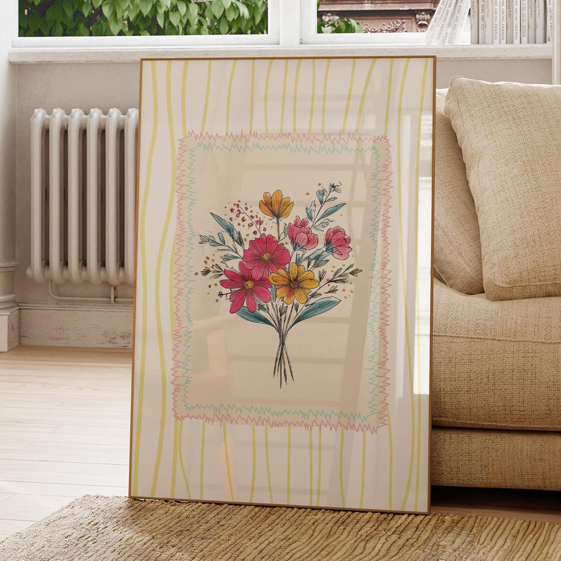 Botanical Floral Doodle Print Vivid Red Orange Flower Bouquet