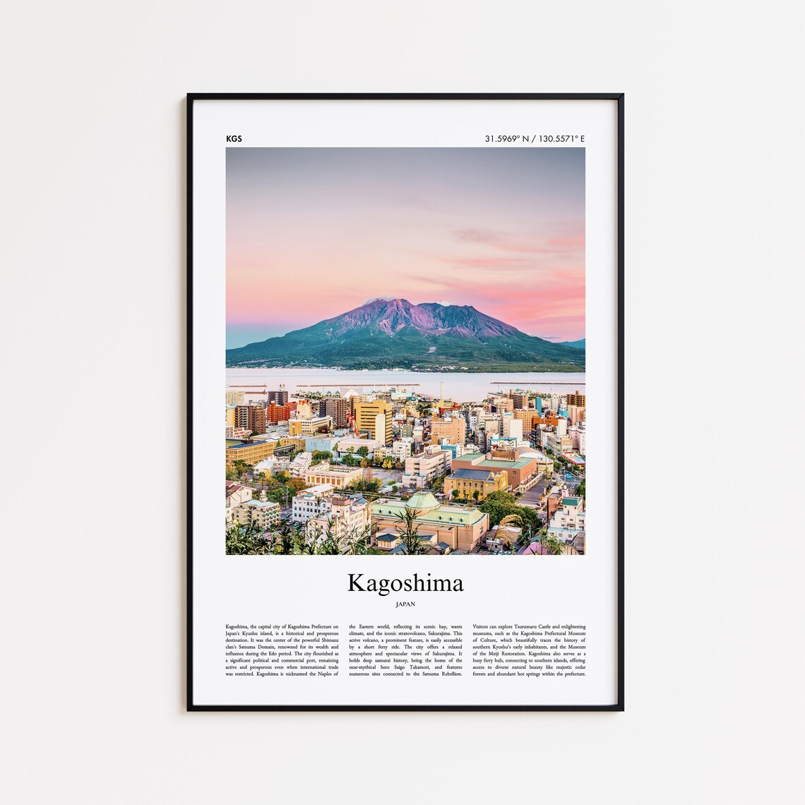 Kagoshima Japan Volcano Bay Sunset Photo Minimal Photo Travel Poster