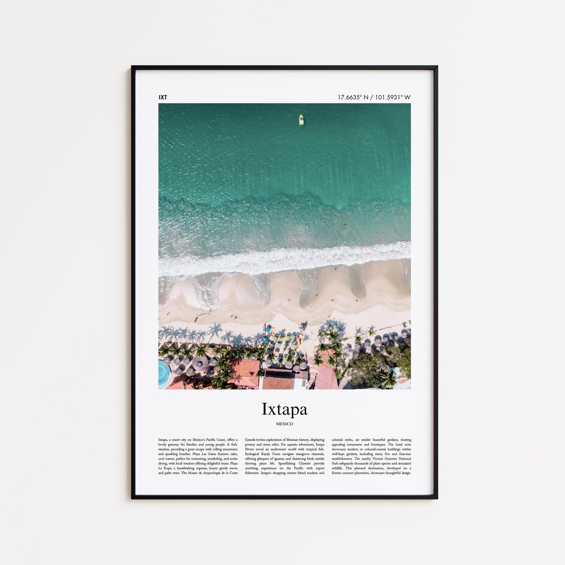 Ixtapa Mexico Aerial Beach Turquoise Waves Palm View Travel Poster