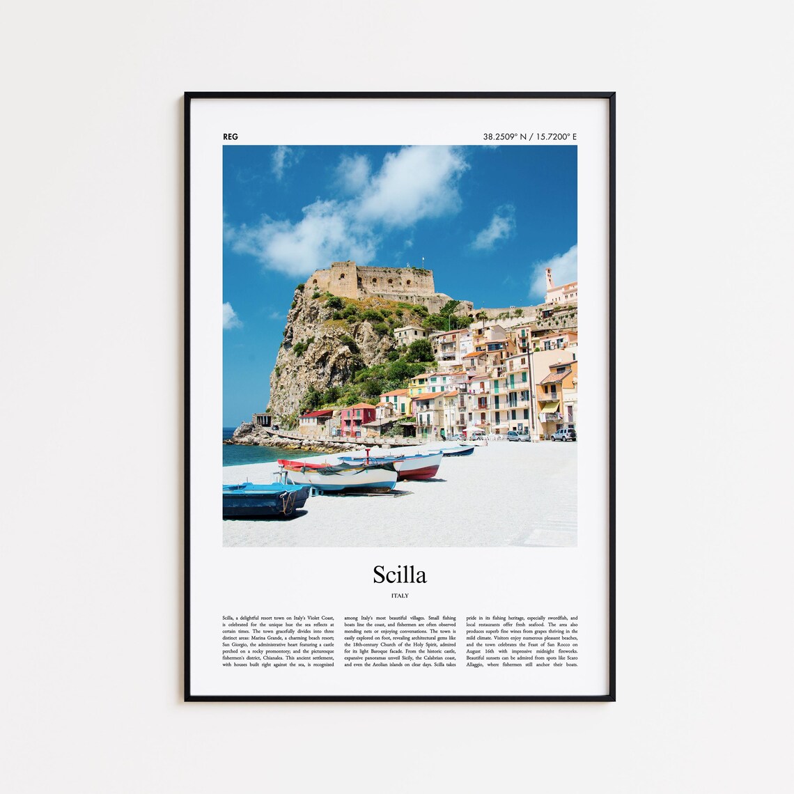 Scilla Italy Coastal Castle Cliffs Fishing Boats Travel Poster