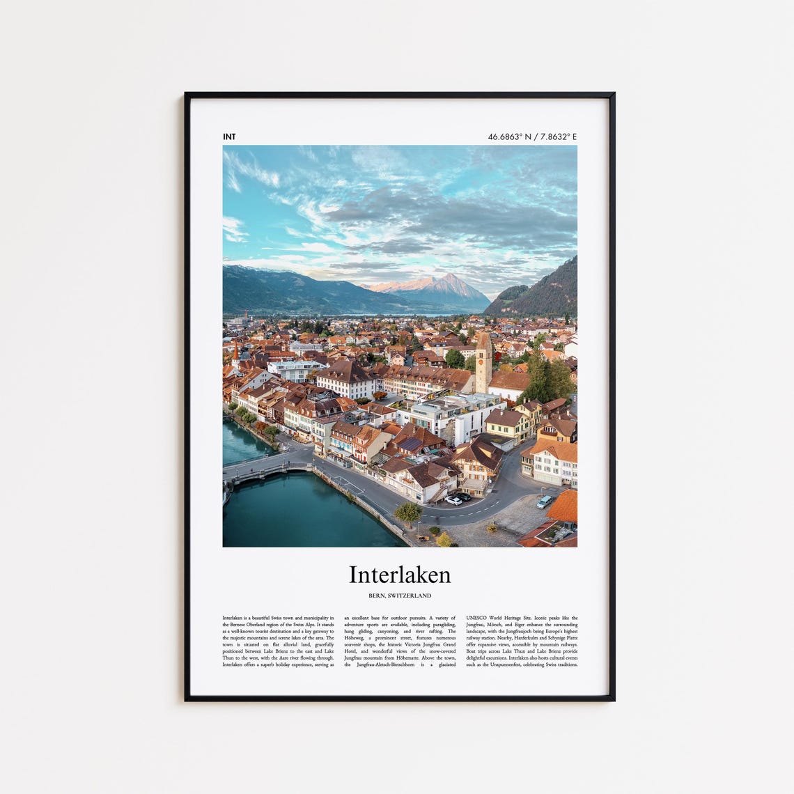 Interlaken Bern Landmark Travel Photo Poster with Coordinates