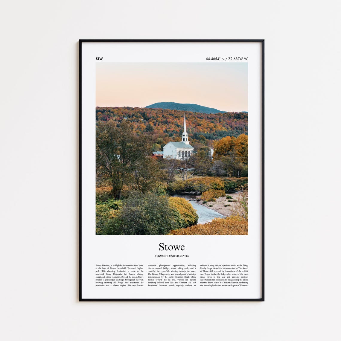 Stowe Vermont Fall Foliage White Church Autumn Landscape Travel Poster
