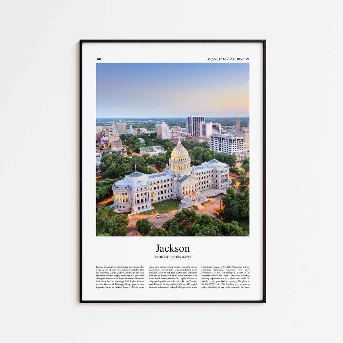 Jackson Mississippi State Capitol Aerial City Skyline Poster