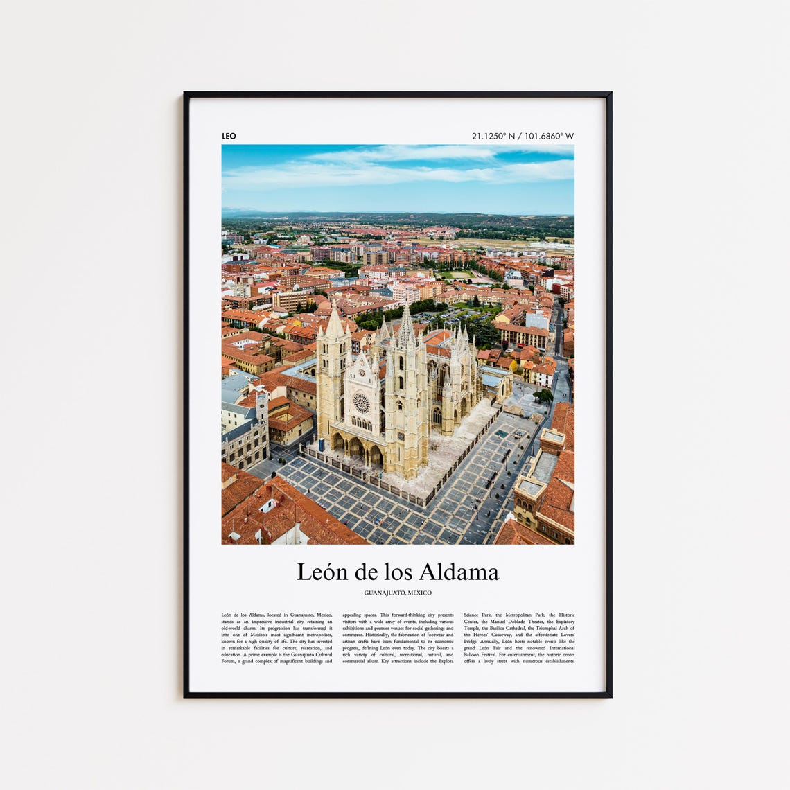 Leon de los Aldama Mexico Cathedral Aerial Old Town Travel Poster
