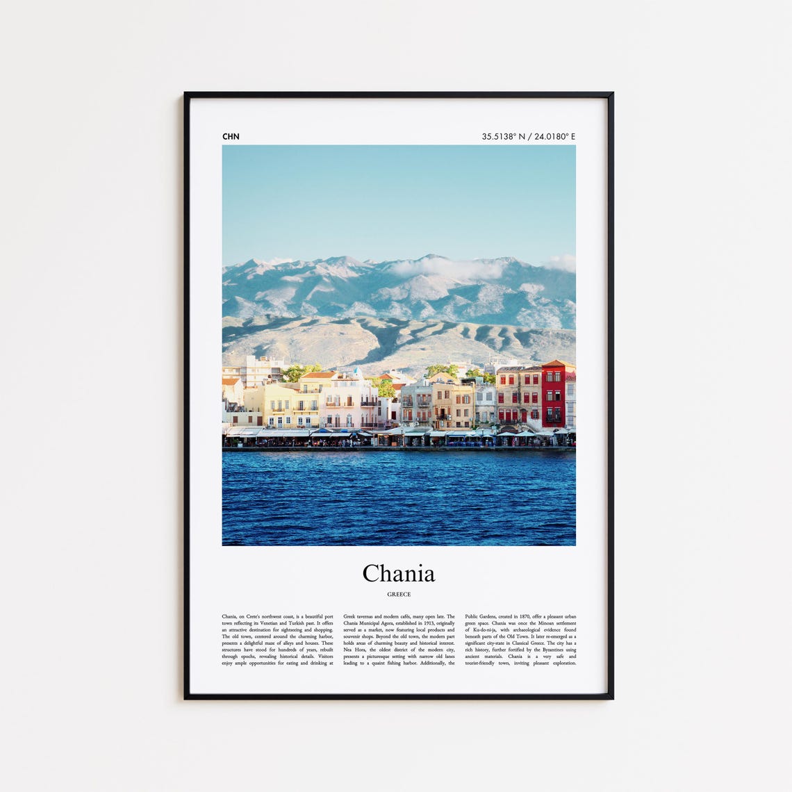 Chania Greece Old Harbor Waterfront Mountain View Travel Poster