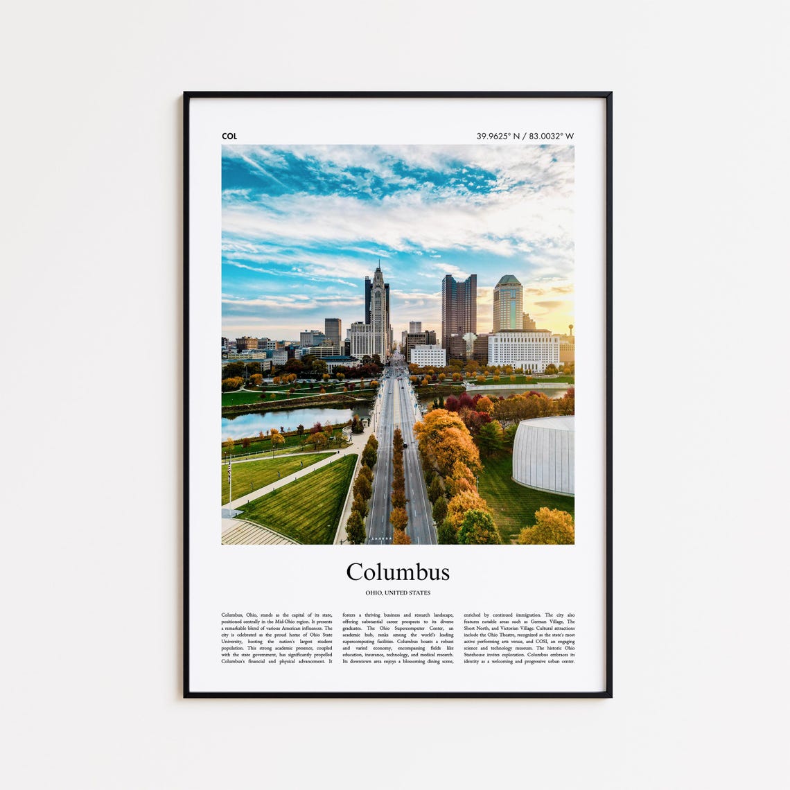 Columbus Ohio Autumn Downtown Skyline River View Travel Poster