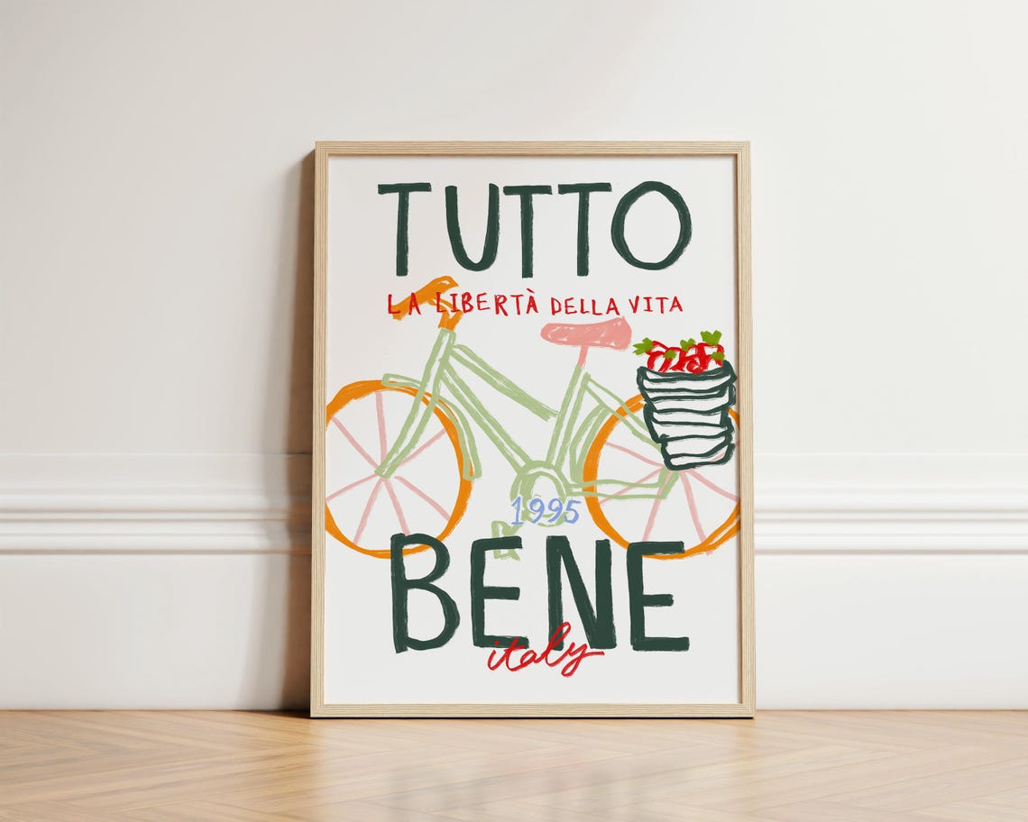 Tutto Bene 1995 Italy Colorful Bicycle Basket Typography Poster